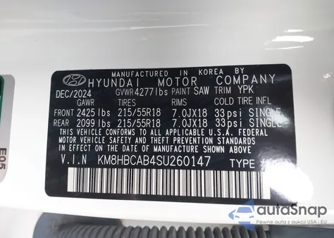2025 Hyundai Kona Sel z USA, uszkodzony, nr VIN KM8HBCAB4SU260147